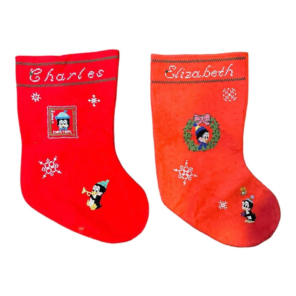 (2) Christmas Stockings Chilly Willy Penguin Cross Stitch Elizabeth Charles VTG